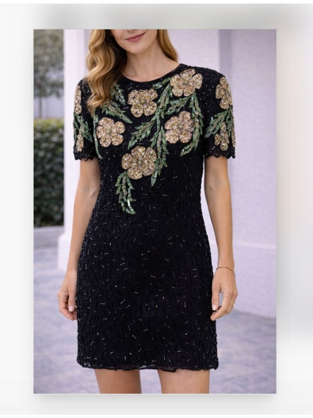 Laurence Kazar Dress Womens Medium Black Vintage Sequin Beaded Floral Silk Party